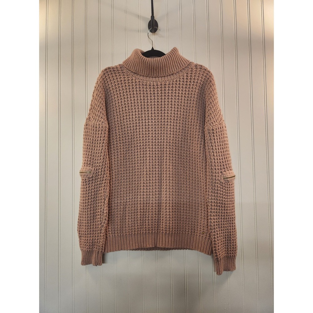 Guess Women's Mauve Waffle‎ Knit Turtleneck Sweater Size L Chunky Zipper Sleeve